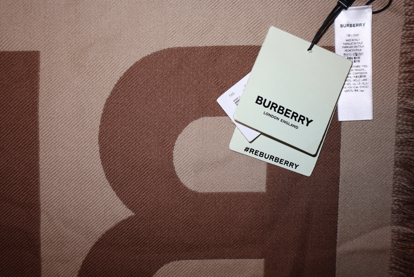 Burberry Camel Logo Jacquard Scarf – 100% Wool, Made in Italy, New with Tags