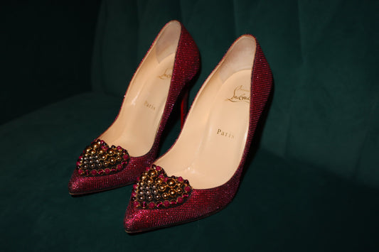 Pre-Owned Christian Louboutin Shoes Pink Coralta Mia 100mm Glitter Studded Heart Point-toe ASM Luxuries