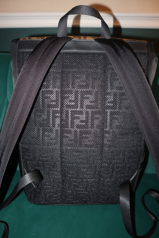 Fendi Nylon Glazed Fabric FF 1974 Stamp Patch Explorer Backpack Black Tobacco