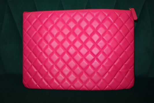 Chanel Lambskin Quilted Medium Cosmetic Case Dark Pink