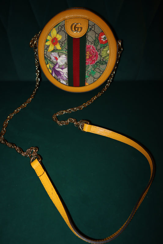 Gucci Ophidia Round Shoulder Bag Flora GG Coated Canvas Mini Pre-Loved