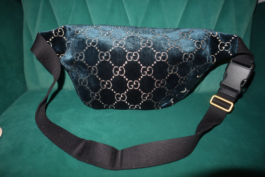 GUCCI Velvet GG Monogram Web Belt Bag Blue Beige Inside Bum/body bag