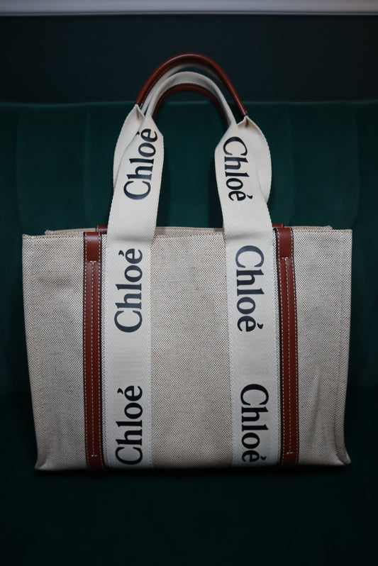 Chloe White/Brown Canvas And Leather Medium Woody Tote
