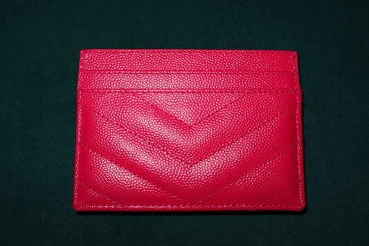 Saint Laurent Grain De Poudre Matelasse Chevron Monogram Credit Card Case Fresh Fuxia