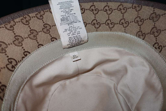 Gucci Brown GG Monogram Leather Trim Canvas Bucket Hat