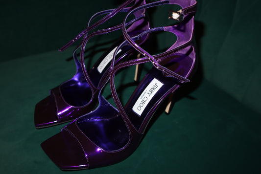 NEW Jimmy Choo Azia 95 Cassis Liquid Metal Leather Heeled Sandals