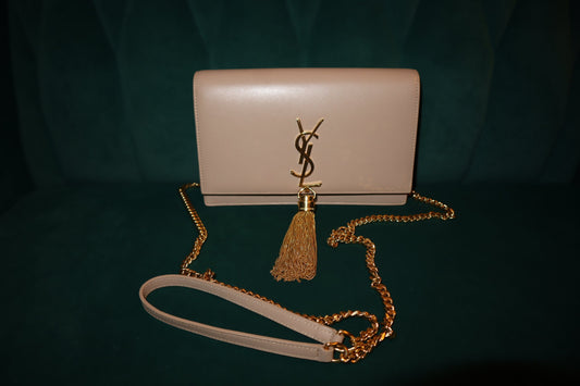 Yves Saint Laurent Powder Beige Smooth Leather Monogram Medium Kate Tassel Bag Pre-Loved