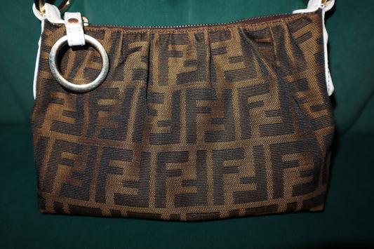 Fendi Brown Zucca Canvas Baguette White Pre-Loved