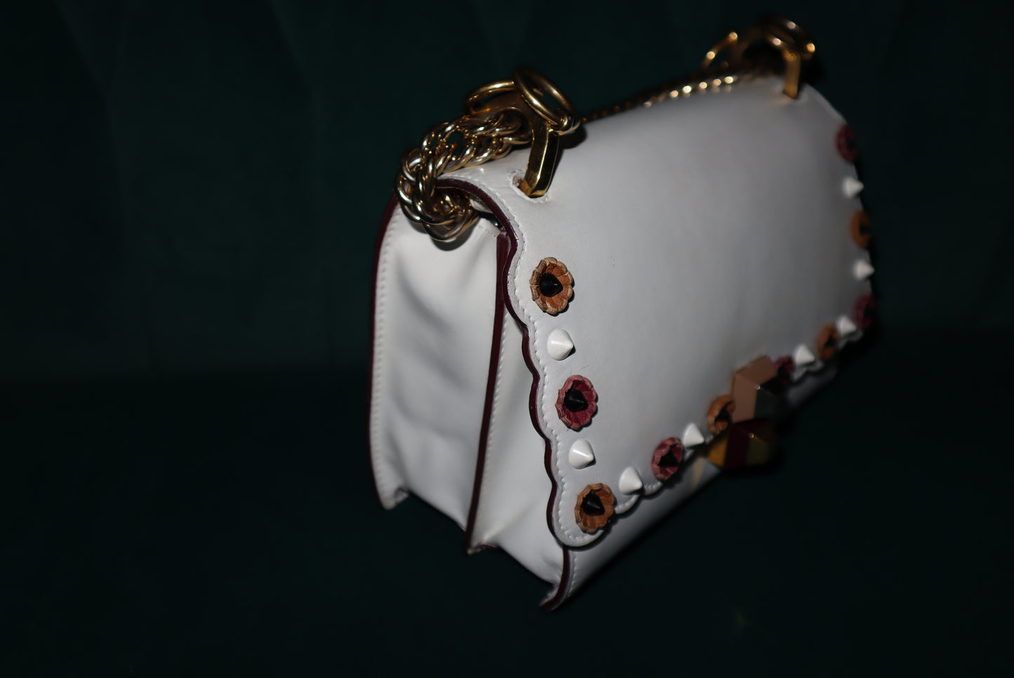 Fendi White Leather Flower-Appliqué Chain Shoulder Bag