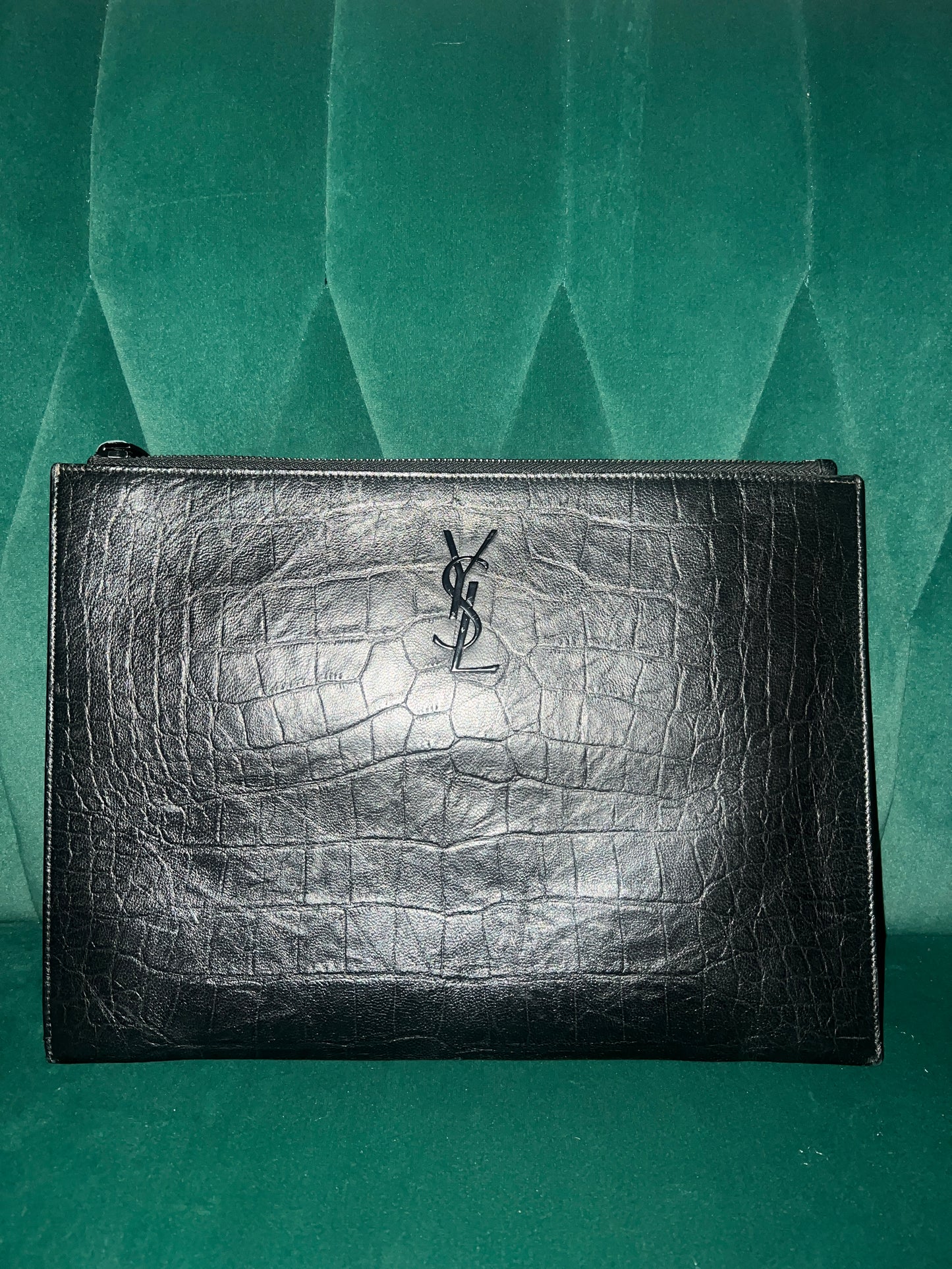 Saint Laurent Calfskin Crocodile Embossed Monogram Document Holder Black Pre-Owned Medium