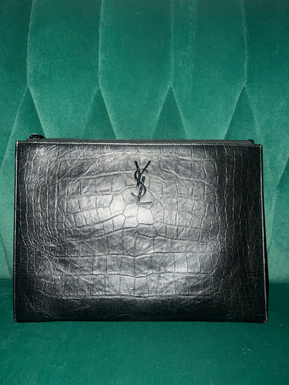 Saint Laurent Calfskin Crocodile Embossed Monogram Document Holder Black Pre-Owned Medium