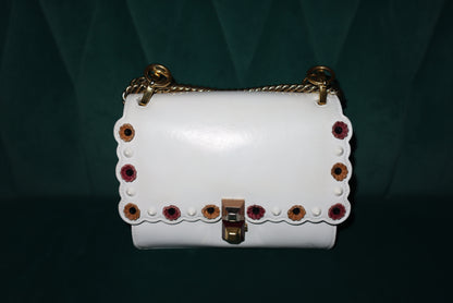 Fendi White Leather Flower-Appliqué Chain Shoulder Bag