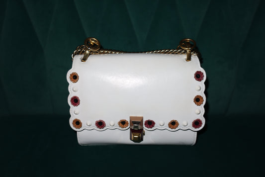 Fendi White Leather Flower-Appliqué Chain Shoulder Bag
