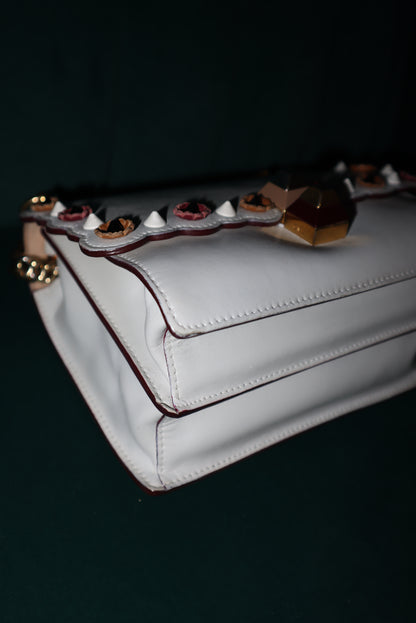 Fendi White Leather Flower-Appliqué Chain Shoulder Bag