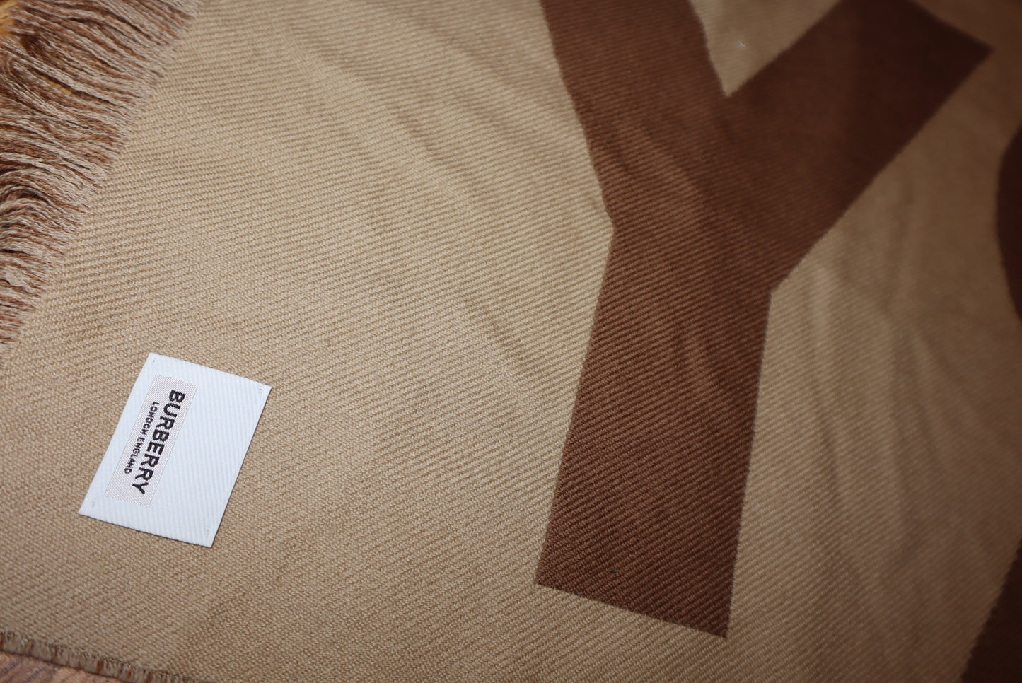 Burberry Camel Logo Jacquard Scarf – 100% Wool, Made in Italy, New with Tags