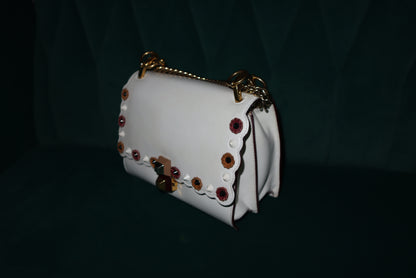 Fendi White Leather Flower-Appliqué Chain Shoulder Bag