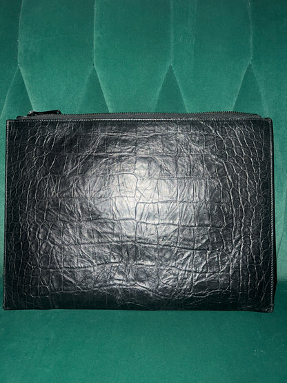 Saint Laurent Calfskin Crocodile Embossed Monogram Document Holder Black Pre-Owned Medium