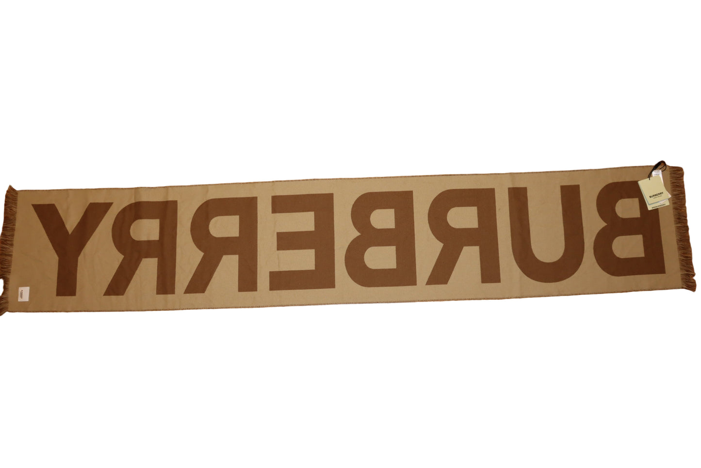 Burberry Camel Logo Jacquard Scarf – 100% Wool, Made in Italy, New with Tags