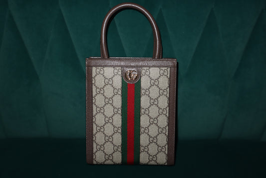 Gucci Ophidia GG Canvas Mini Tote – Brown Leather Trim & Web Stripe