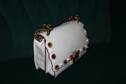 Fendi White Leather Flower-Appliqué Chain Shoulder Bag
