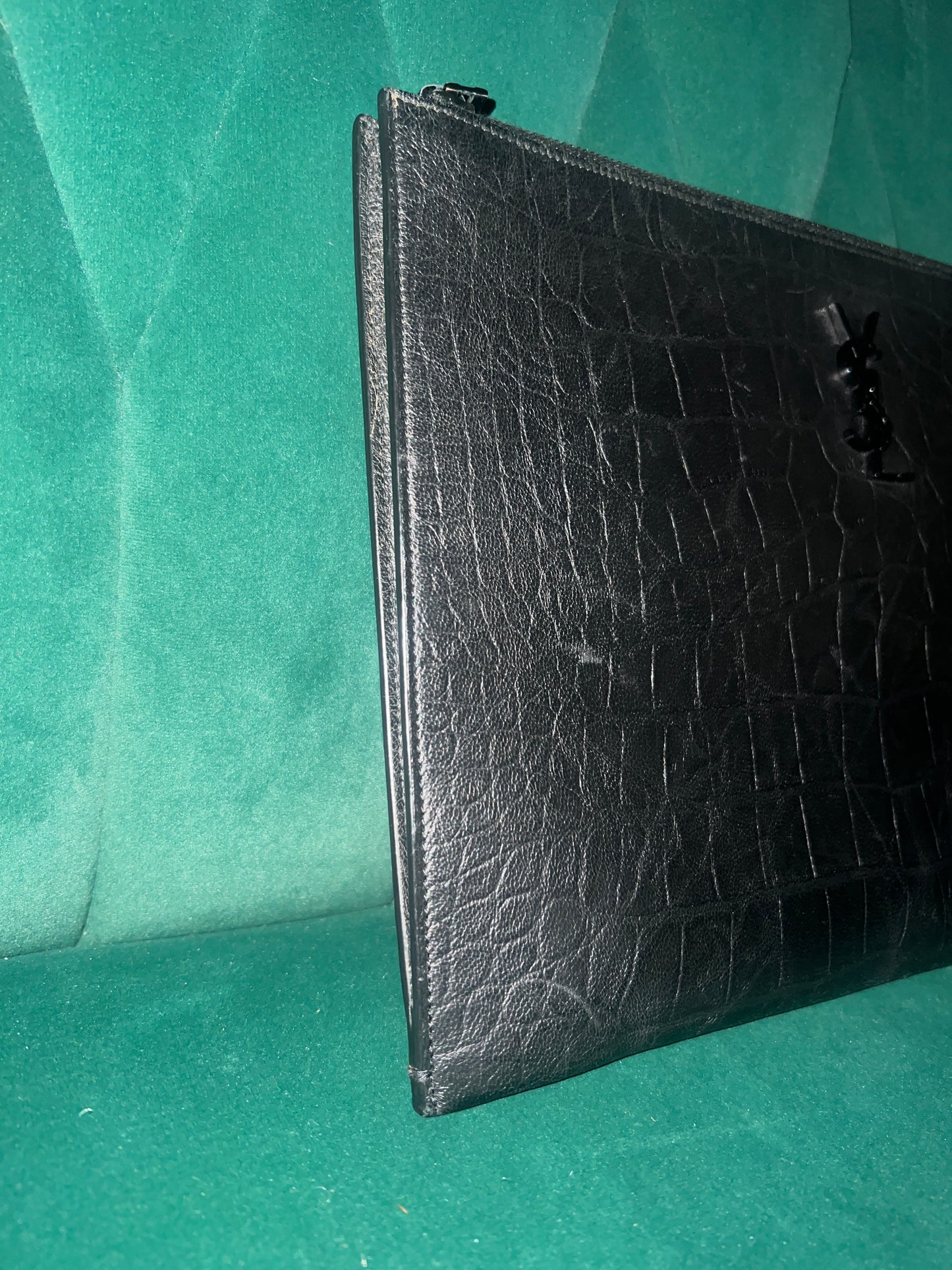 Saint Laurent Calfskin Crocodile Embossed Monogram Document Holder Black Pre-Owned Medium
