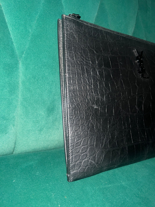 Saint Laurent Calfskin Crocodile Embossed Monogram Document Holder Black Pre-Owned Medium