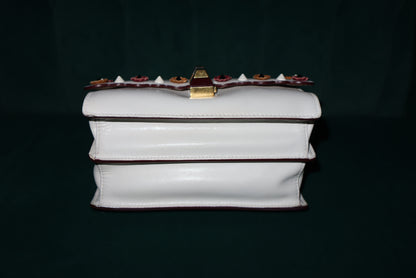 Fendi White Leather Flower-Appliqué Chain Shoulder Bag