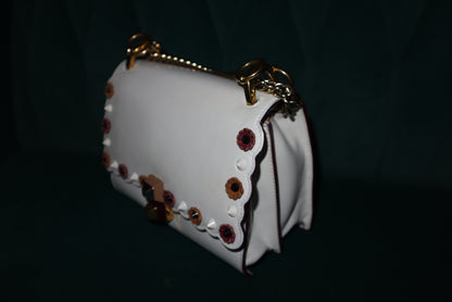 Fendi White Leather Flower-Appliqué Chain Shoulder Bag
