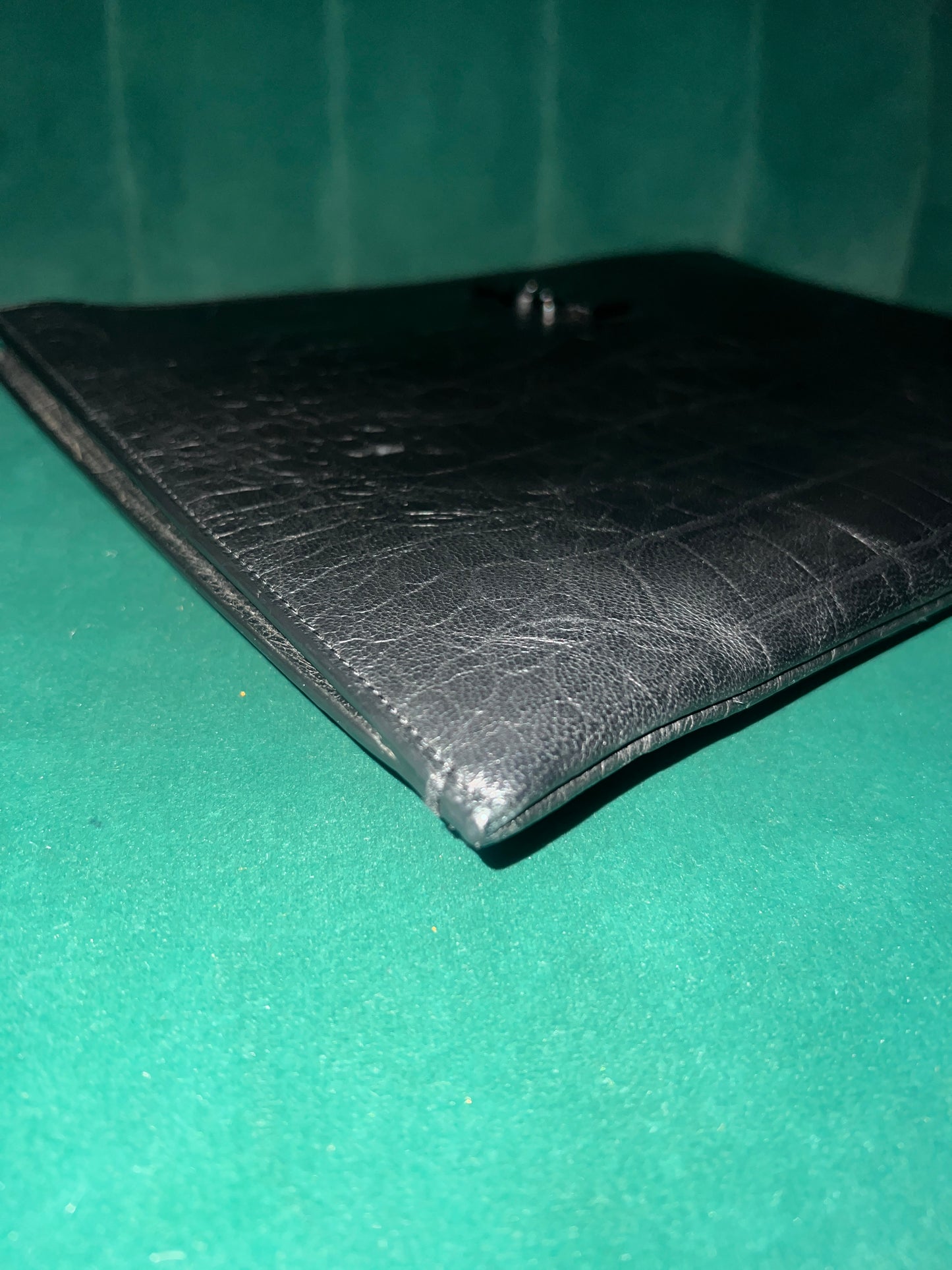 Saint Laurent Calfskin Crocodile Embossed Monogram Document Holder Black Pre-Owned Medium