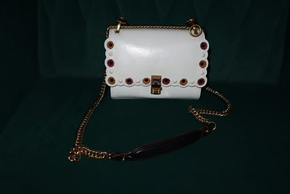 Fendi White Leather Flower-Appliqué Chain Shoulder Bag