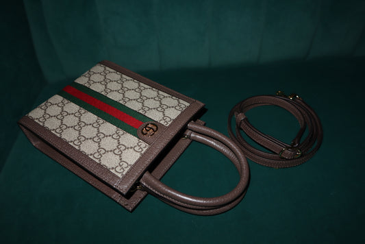 Gucci Ophidia GG Canvas Mini Tote – Brown Leather Trim & Web Stripe