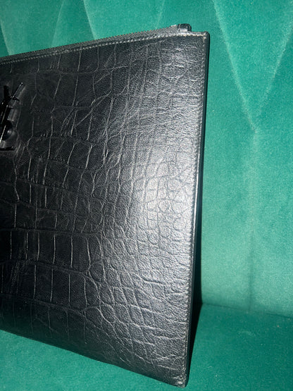 Saint Laurent Calfskin Crocodile Embossed Monogram Document Holder Black Pre-Owned Medium
