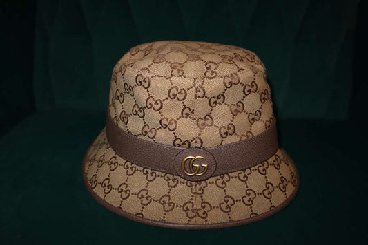 Gucci Brown GG Monogram Leather Trim Canvas Bucket Hat