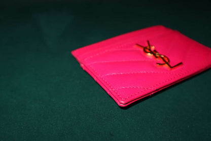 Saint Laurent  Grain De Poudre Matelasse Chevron Monogram Credit Card Case Fresh Fuxia