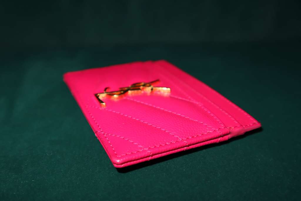 Saint Laurent  Grain De Poudre Matelasse Chevron Monogram Credit Card Case Fresh Fuxia