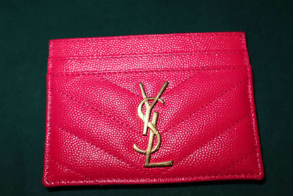 Saint Laurent  Grain De Poudre Matelasse Chevron Monogram Credit Card Case Fresh Fuxia