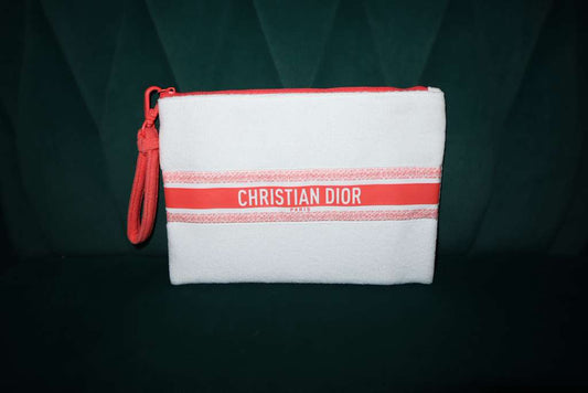 Christian DIOR Terry Cloth Large Clutch Wristlet Bag White